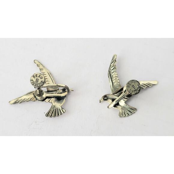 Signed BEAU Sterling Silver Seagull Bird Earrings Screw On Vintage - Picture 5 of 5